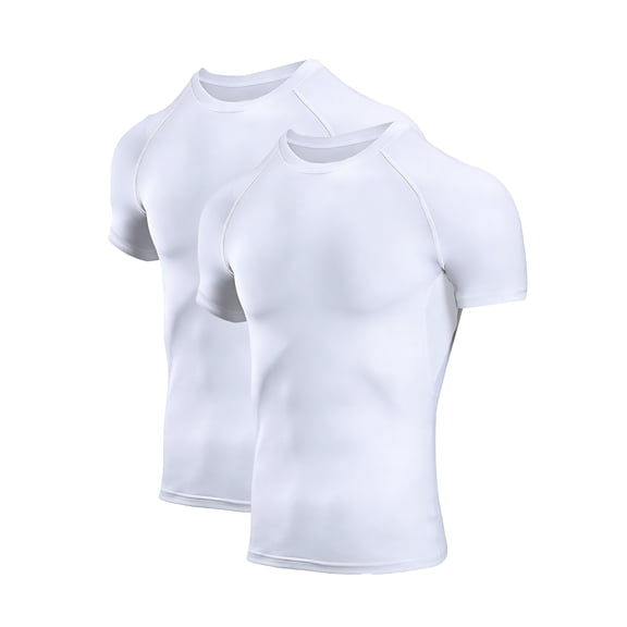 Men's Compression Shirts Short Sleeve Athletic Tops 2 Pack(White,L)