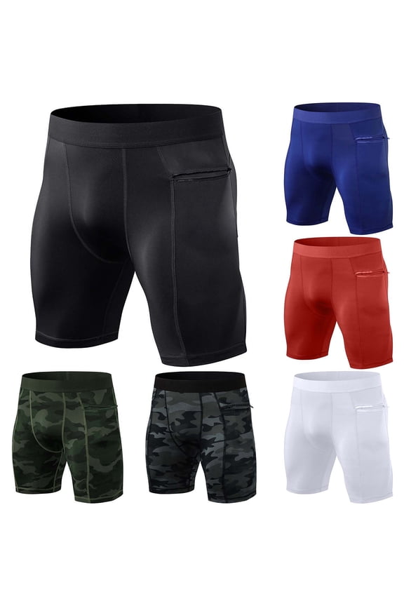 Men's Compression Shorts Running Workout Spandex Shorts Camouflagees Performance Underwear Shorts Tights with Zipper Pocket Black, Size XXL