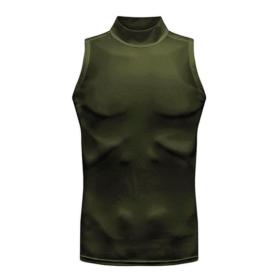 Men's Compression Tank Top, Mock Turtleneck Sleeveless Shirt, Fitted Athletic Base Layer for Gym Workout Size 2XL Army Green