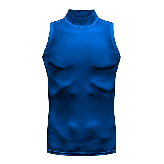 Men's Compression Tank Top, Mock Turtleneck Sleeveless Shirt, Fitted Athletic Base Layer for Gym Workout Size 2XL Blue