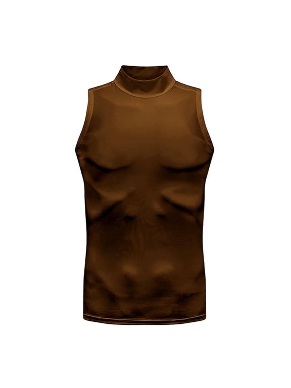 Men's Compression Tank Top, Mock Turtleneck Sleeveless Shirt, Fitted Athletic Base Layer for Gym Workout Size 2XL Brown