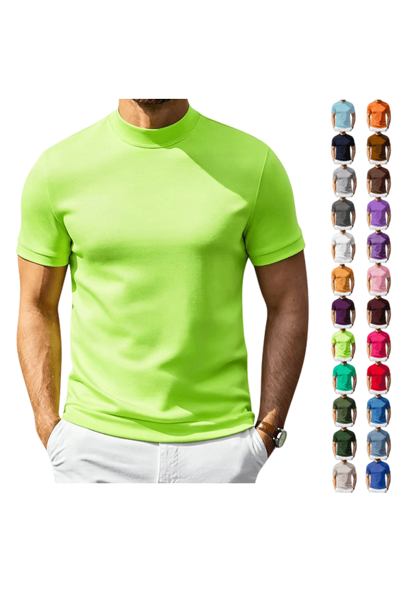 Men's Compression Turtle Neck Shirt Crew Neck Short Sleeve Trendy Pullover Summer Casual Slim Fit Turtleneck T Shirts Green XL