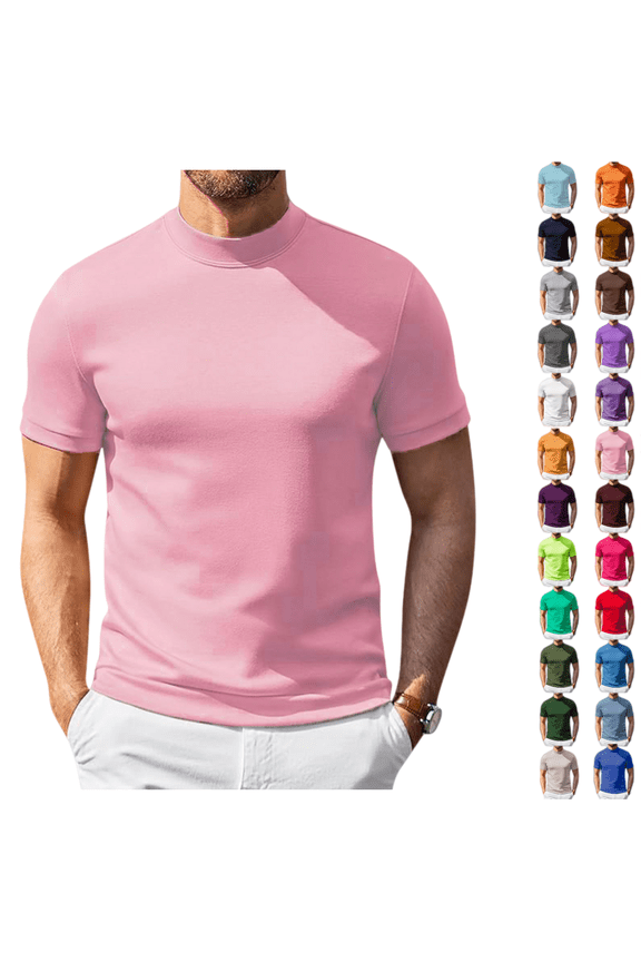Men's Compression Turtle Neck Shirt Short Sleeve Crew Neck Trendy Pullover Summer Casual Classic Fit Turtleneck Top Light pink S