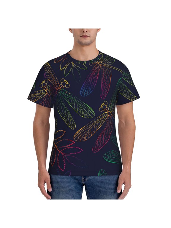 Men's Compression Workout T-Shirt Athletic Tee Short Sleeve Shirt, Dragonfly Rainbow Dragonflies