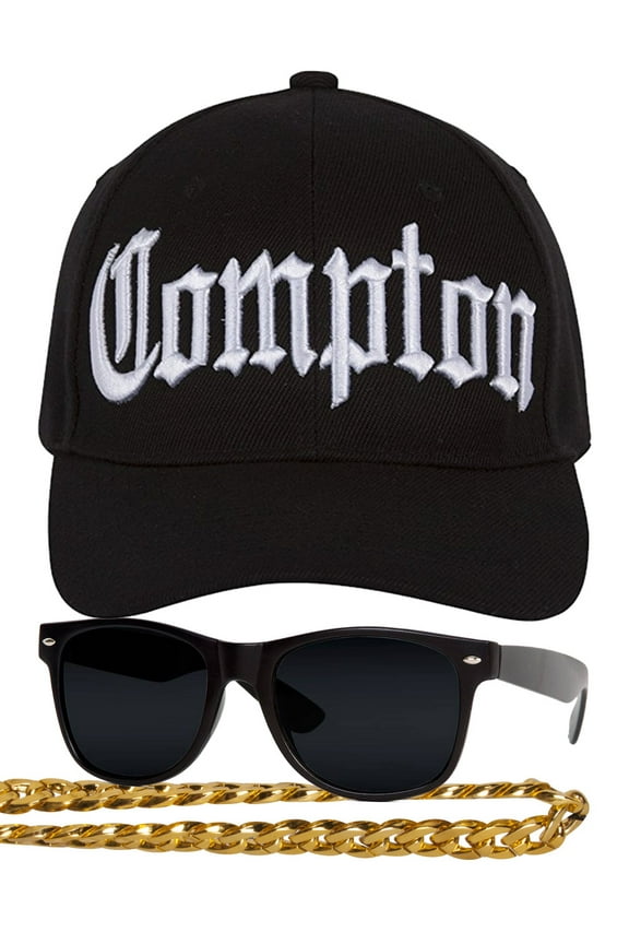 Men's Compton 80s Rapper Costume Kit - Curved Bill Hat + Sunglases + Chain Necklace Set