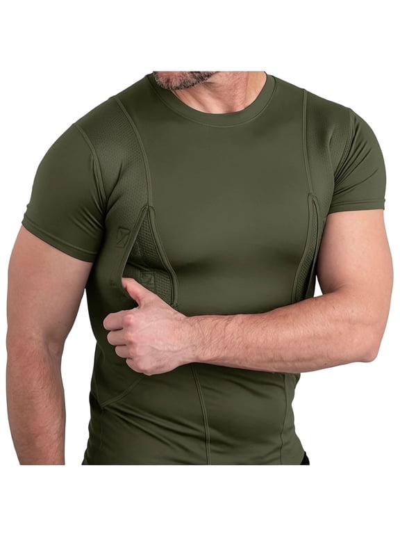 Men's Concealed Pocket Tee Shirt, Men Stash Pocket Casual T-Shirt, Quick Dry Stretch Crew Neck Top