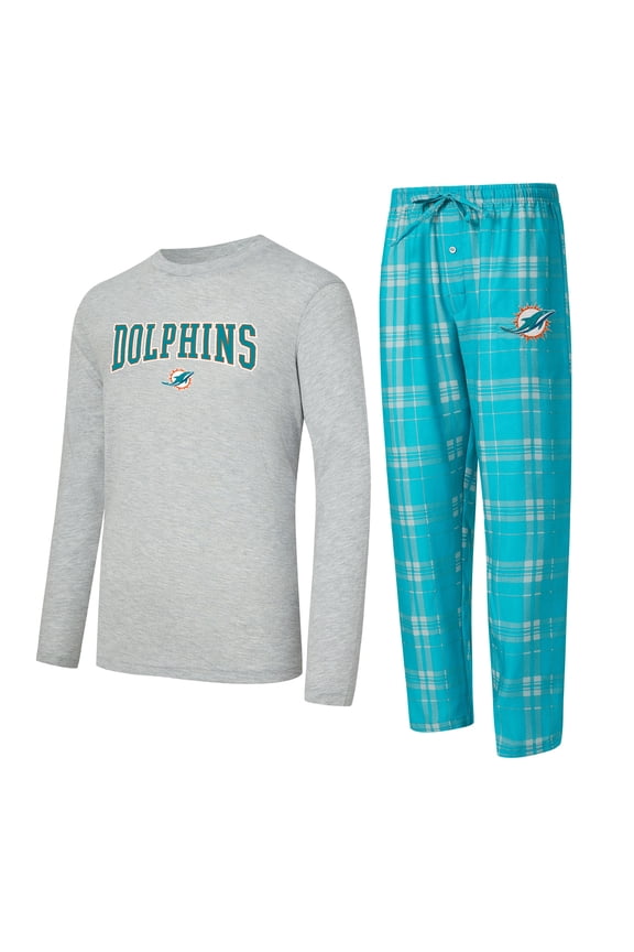 Men's Concepts Sport Aqua/Heather Gray Miami Dolphins Regulate Long Sleeve T-Shirt and Plaid Pant Set