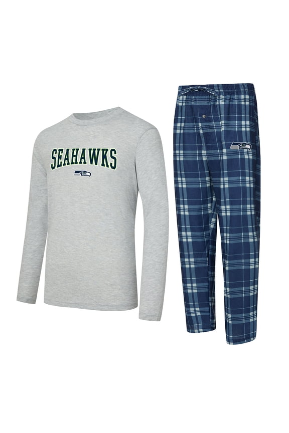 Men's Concepts Sport College Navy/Heather Gray Seattle Seahawks Regulate Long Sleeve T-Shirt and Plaid Pant Set