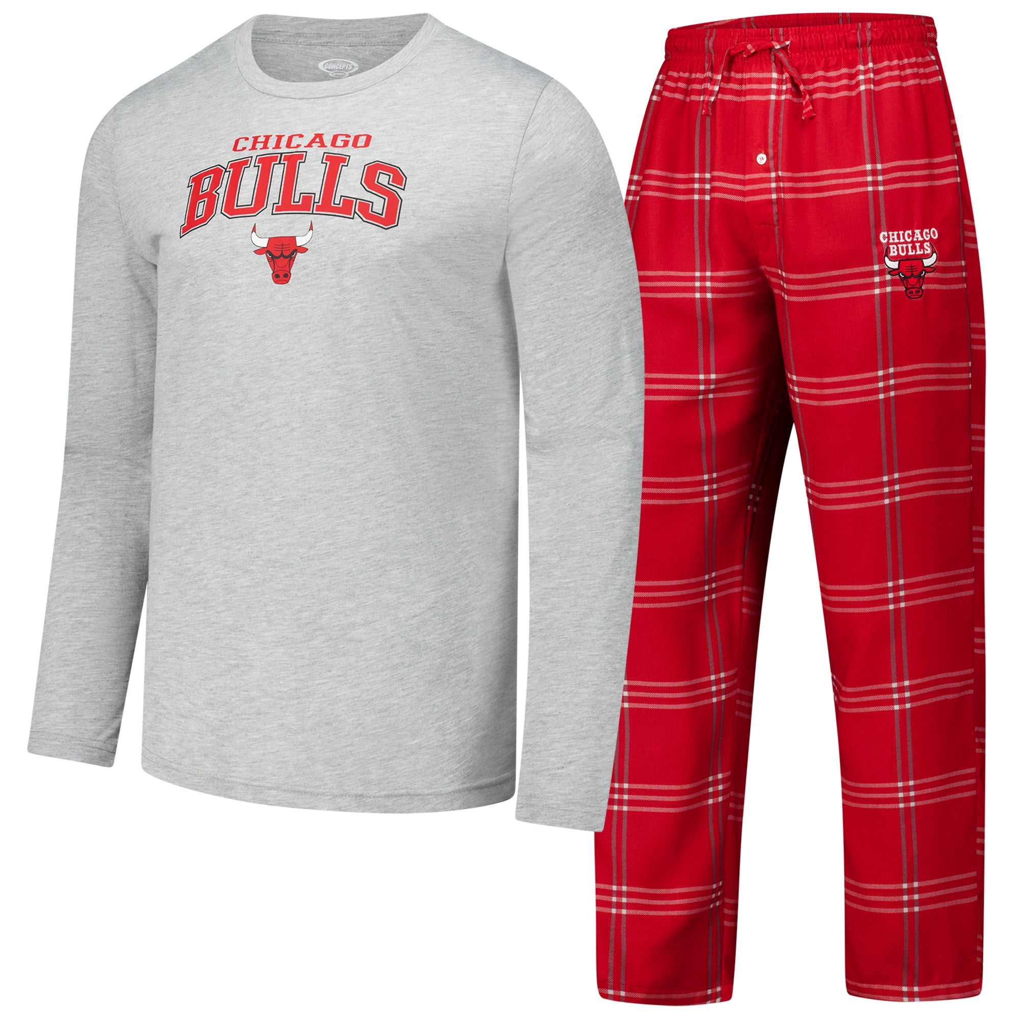 Mens Concepts Sport Red Chicago Bulls Petition Long Sleeve Top and Plaid Pant Set