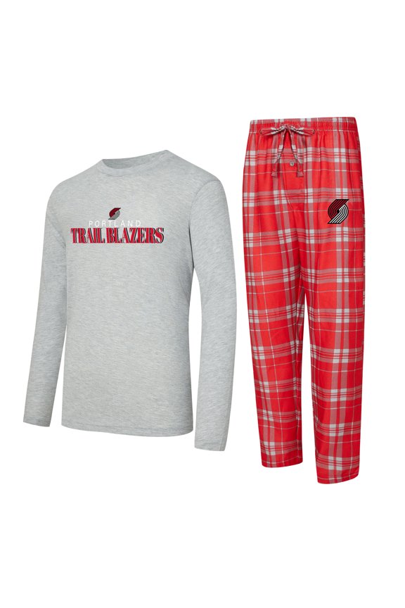 Men's Concepts Sport Red/Heather Gray Portland Trail Blazers Regulate Long Sleeve T-Shirt & Plaid Pant Set