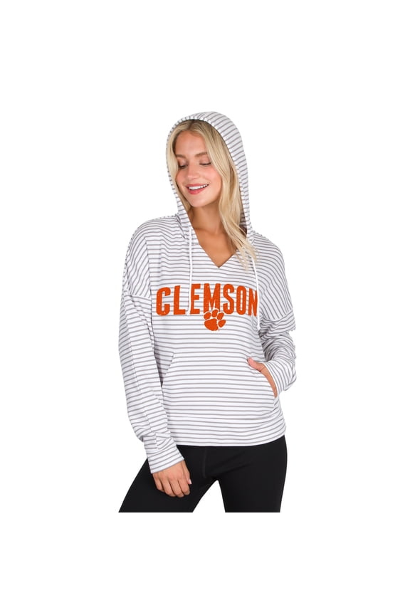 Men's Concepts Sport White/Gray Clemson Tigers French Terry Striped V-Neck Pullover Hoodie
