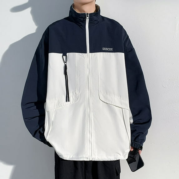 Men's Contrast Collar Jacket: Plus Size Versatile Windbreaker Coat with Pocket