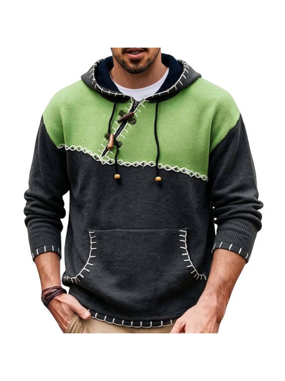 Men's Contrast Color Hooded Sweater, Vintage Horn Toggle Button Pullover Knit Jumper, Loose Fit Stitch Detail Casual Patchwork Hoodie for Fall Winter Daily Wear