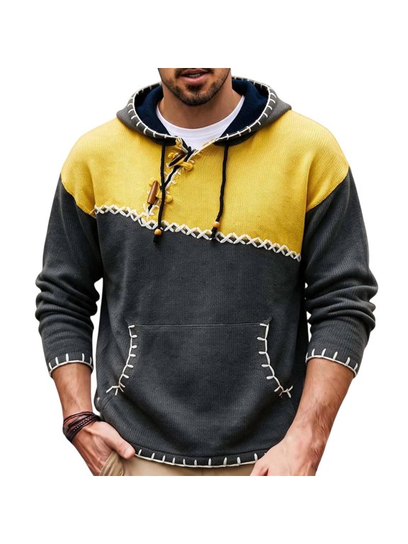 Men's Contrast Color Hooded Sweater, Vintage Horn Toggle Button Pullover Knit Jumper, Loose Fit Stitch Detail Casual Patchwork Hoodie for Fall Winter Daily Wear