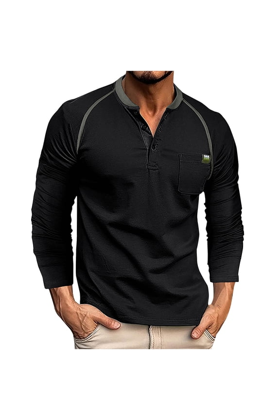 Men's Contrast Color Slim Long Sleeve Standing Neck Button Pocket Casual Sports T-shirt Top Blouse