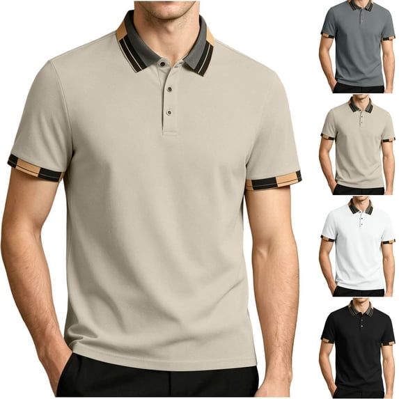 Men's Contrast Cuff Lapel Short Sleeve Button Down Shirt Polyester Casual Fashion Work Office Vacation Tops for Men | JASKFLY,Khaki XL