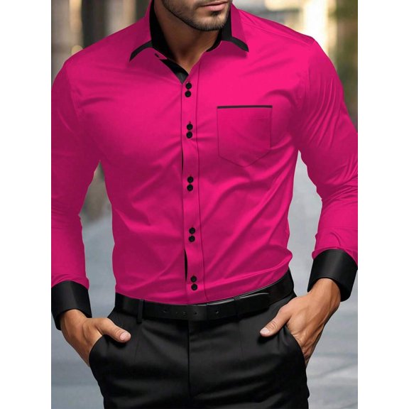 Men's Contrast Detail Shirt Button Front Long Sleeve Slim Fit Chest Pocket Blouse Business Casual for Office Commute & Smart Casual Occasions