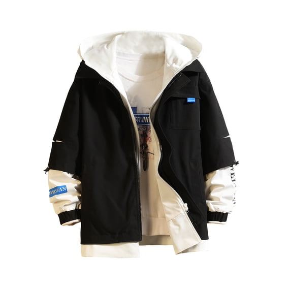 Men's Contrast Hooded Jacket Windproof Zip Up Hooded Coat