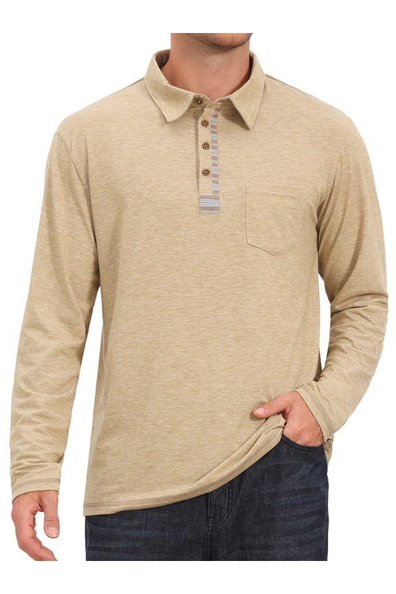 Men's Contrast Placket Button Collared Pocket Long Sleeves Polo Shirts XL Khaki