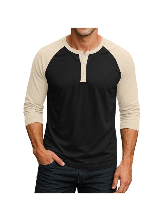 Men's Contrast Sleeve Henley Shirt 3/4 Sleeve Casual Button Placket Top with Raglan Two Tone Sleeves Ribbed Cuffs Soft Cotton Jersey Color Block Everyday Wear Spring Summer Fall Season Basic Black