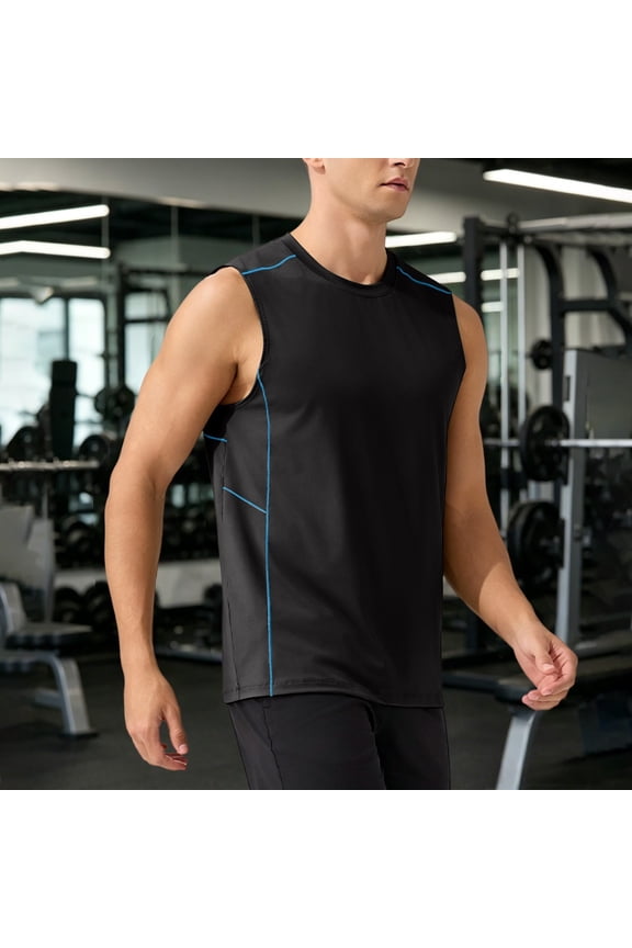Men’s Contrast Stitch Quick Dry Athletic Tank Top Crew Neck Sleeveless Moisture Wicking Stretch Workout Singlet for Running Gym Cycling Summer Training Wear Black S