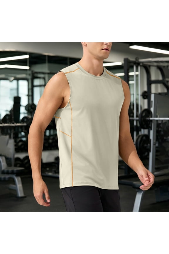 Men’s Contrast Stitch Quick Dry Athletic Tank Top Crew Neck Sleeveless Moisture Wicking Stretch Workout Singlet for Running Gym Cycling Summer Training Wear Khaki L