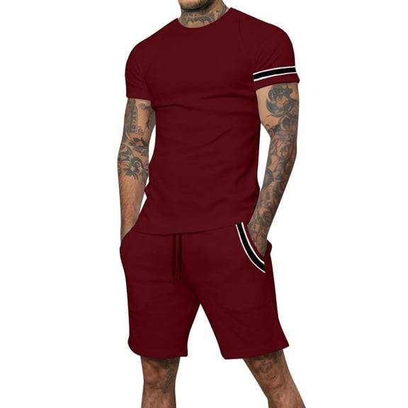 Men's Contrast Trim Tracksuits: Short - Sleeve Tee & Shorts Set for Gym, Casual Wear