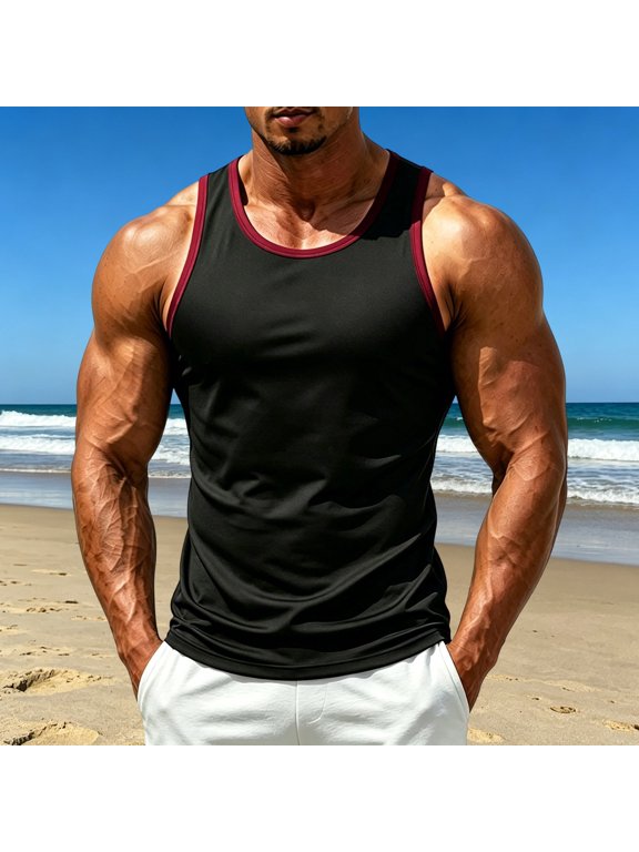 Men’s Contrast Trim U Neck Athletic Tank Top Wide Strap Sleeveless Quick Dry Moisture Wicking Stretch Gym Singlet for Running Workout Summer Training Wear Black XXL