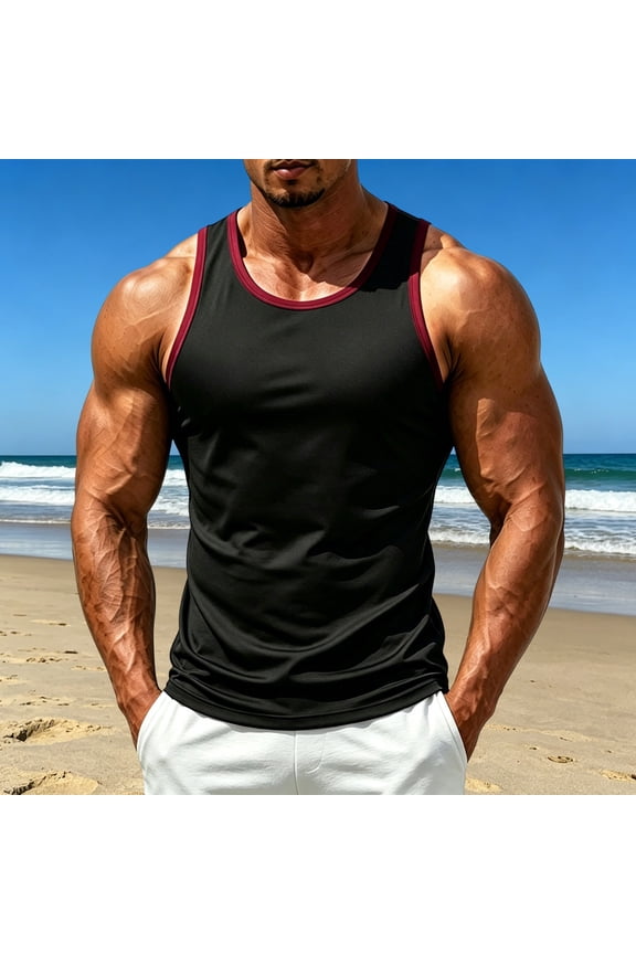Men’s Contrast Trim U Neck Athletic Tank Top Wide Strap Sleeveless Quick Dry Moisture Wicking Stretch Gym Singlet for Running Workout Summer Training Wear Black S
