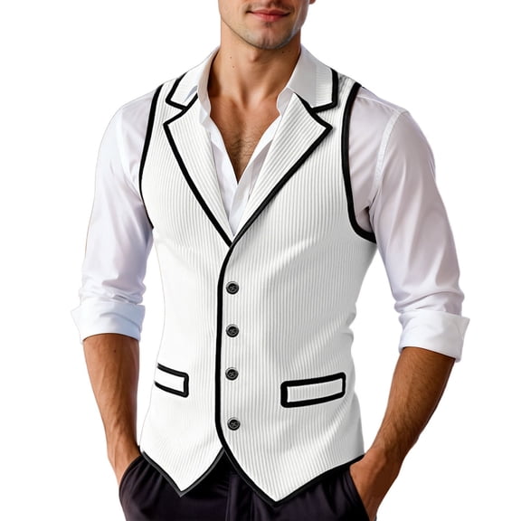 Men's Contrast Trim Vest Formal Casual Slim Fit Business Wedding White L