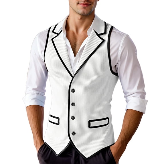 Men's Contrast Trim Vest Formal Casual Slim Fit Business Wedding White M