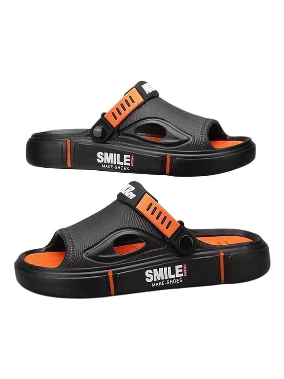 Men’s Convertible Backstrap PVC Sandals, EU Size 38, Pivoting Heel Strap, Open-Toe Slip-On Shape, For Beaches, Pools, Homes, Black and Orange