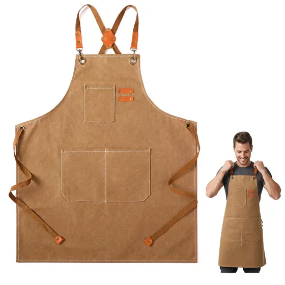 Men's Cooking Apron, 100% Cotton Canvas Apron with Pockets, Adjustable Cross Back, 1 Pack, for Grilling, Baking, Gardening and Crafts