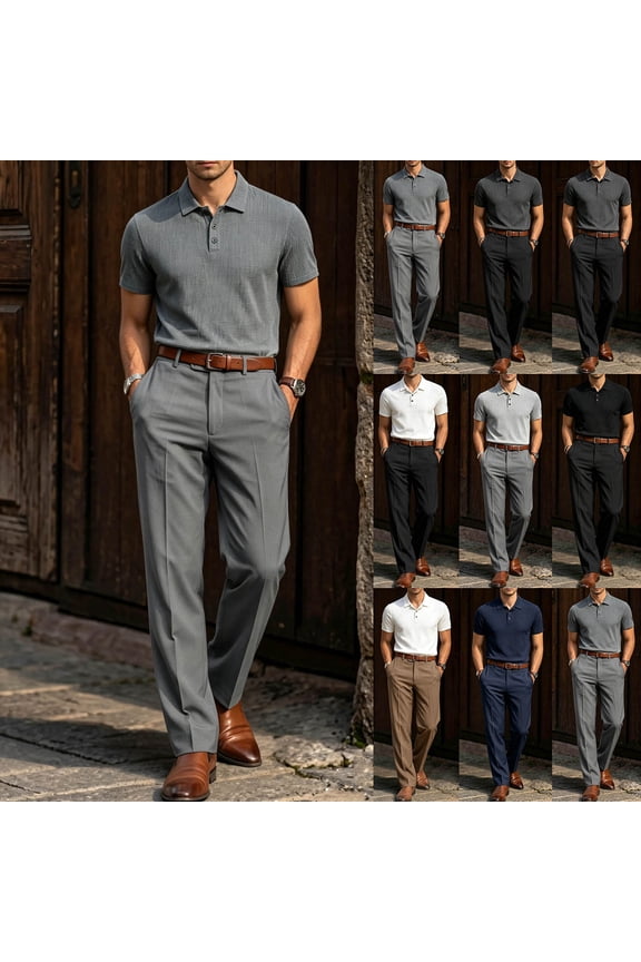Men's Cool Breathable Ribbed Knit Short Sleeve Polo Shirt & Golf Dress Pants Set for Work & Daily, Fashion Casual Business Commute 2 Piece Outfit Big and Tall Size S-3XL White