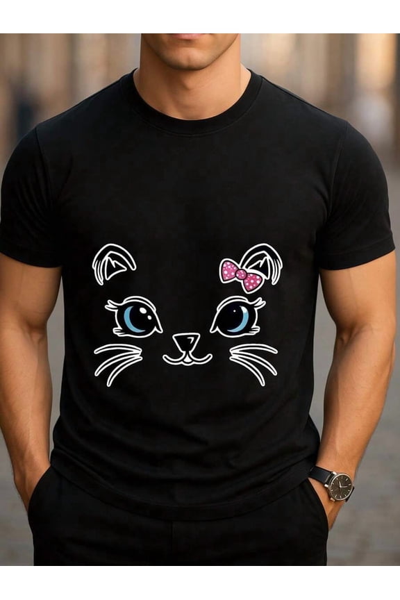 Men's Cool Casual Graphic Tees Funny T-Shirts Black White Options Oversized Crewneck Cotton Summer Top Short Sleeve Cat Face With Pink Bow Humorous Graphic T-Shirts For Him Plus Size S-3XL Premium Qu