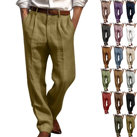 Men's Cool Classic Fit Pleat Front Hidden Expandable Waist Pant Regular Men's Double Pleated Front Pocket Casual Straight Leg Solid Color Pants Beach Breathable Work Convertible pants