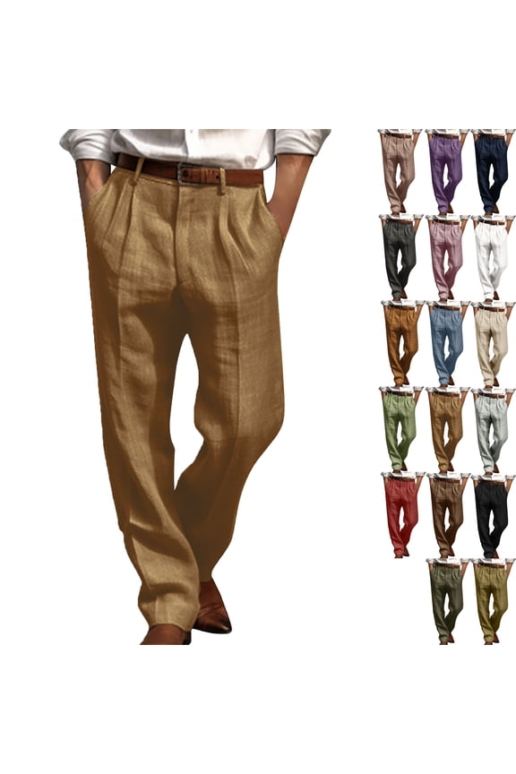 Men's Cool Classic Fit Pleat Front Hidden Expandable Waist Pant Regular Men's Double Pleated Front Pocket Casual Straight Leg Solid Color Pants Beach Breathable Work Convertible pants