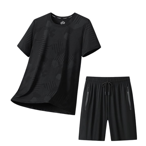 Men's Cool Mesh Workout Outfit, Quick Dry Breathable Athletic Tee & Lightweight Gym Shorts with Zipper Pocket Big and Tall Size M-5XL Black