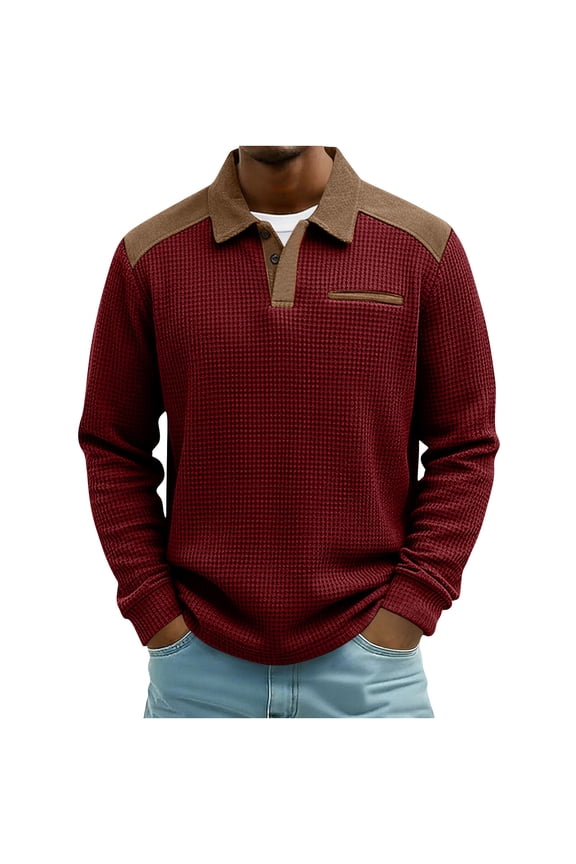 Men's Cool Weather Comfort Tops Textured Waffle Knit Shirts Corduroy Touch Collar Clothing Long Sleeve Button Down Placket Outfits Soft Brushed Back Relaxed Fit Tees