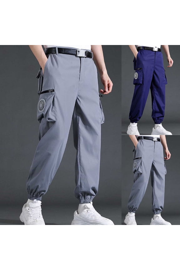 Men's Cooling Fan Cargo Pants, Outdoor Workwear Trousers with Built in Fan & Zipper Pockets, Quick Dry Elastic Cuff Utility Pants for Summer Big and Tall Size M-4XL Gray