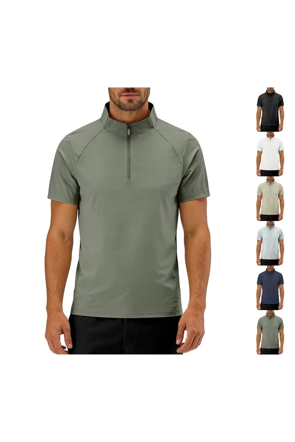 Men's Cooling Sports Top Short Sleeve T-Shirt Stand Collar Half Zip Casual Fitness Shirt Breathable Quick Dry for Gym Workout Training Streetwear | AESTIVO,Khaki L