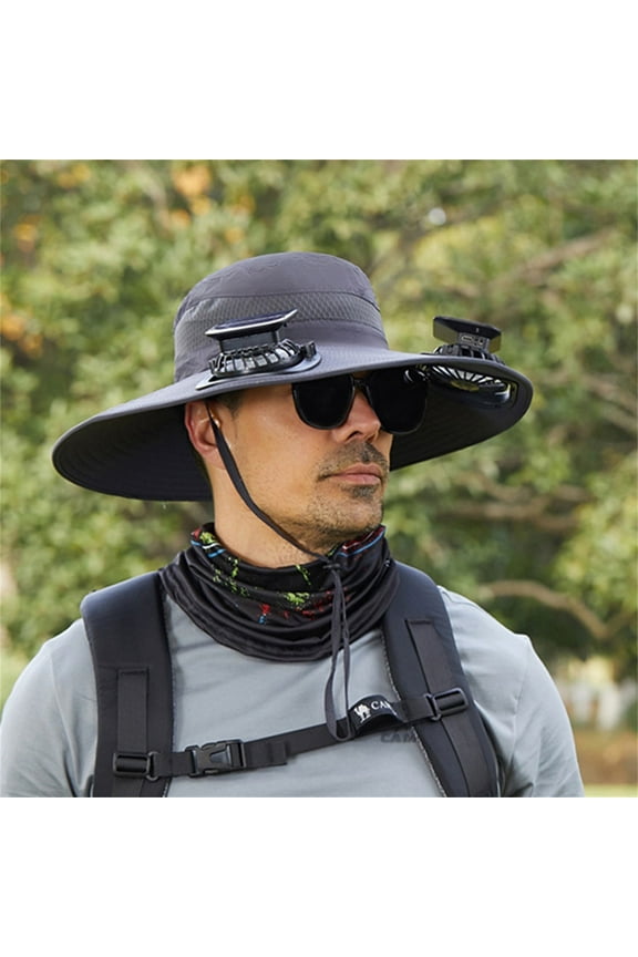 Men’s Cooling Sun Hat with Dual Fans, Solar & USB Powered Wide Brim Bucket Hat for Outdoor, Beach, Hiking, Gardening, Travel