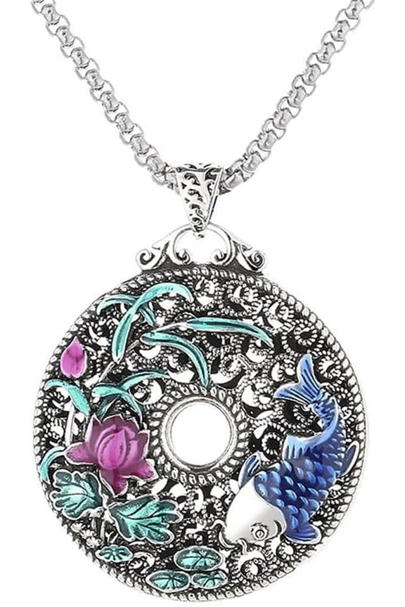 Men's Copper Retro Elegant Cut Out Lotus Flower Pattern Koi Carp Fish Pendant Necklace Aged Process Chinese Style
