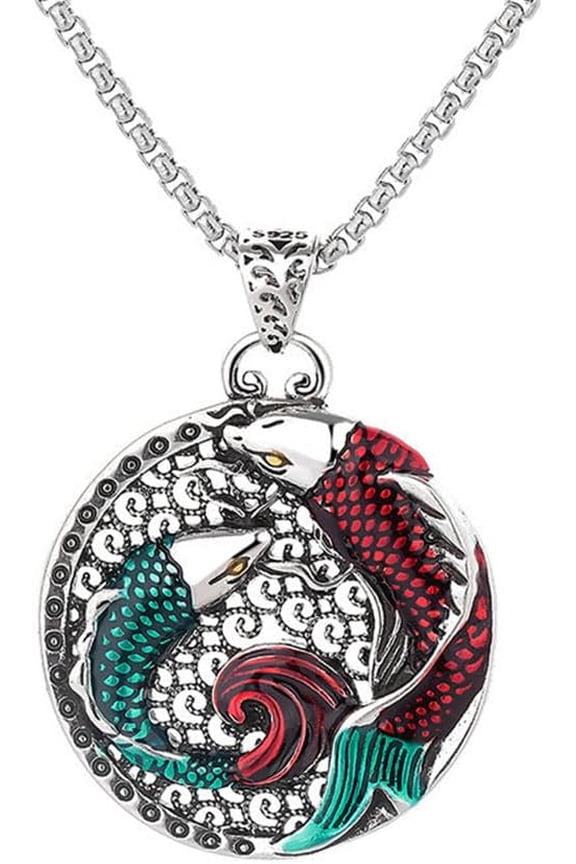 Men's Copper Retro Elegant Cut Out Pisces Playing in the Water Koi Carp Fish Pendant Necklace Aged Process Chinese Style