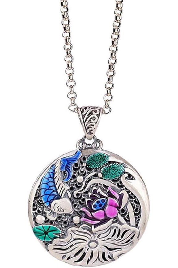 Men's Copper Retro Elegant Cut Out Round Lotus Flower Pattern Koi Carp Fish Lucky Amulet Pendant Necklace