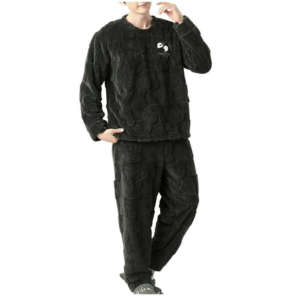 Men's Coral Fleece Pajamas Sets, Winter Pullover Thicke Warm Soft Plush Long Sleeve Sleepwear 2 Piece Lounge Outfits