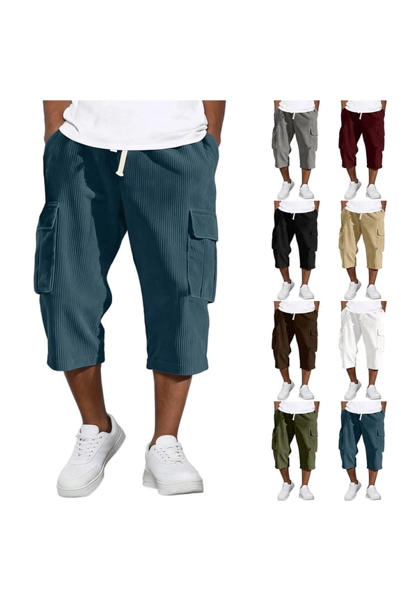 Men's Corduroy 3/4 Cargo Pants Loose Fit Vertical Stripe Elastic Drawstring Waist Casual Bottoms with Side Cargo Pockets, #02 Blue, 3XL