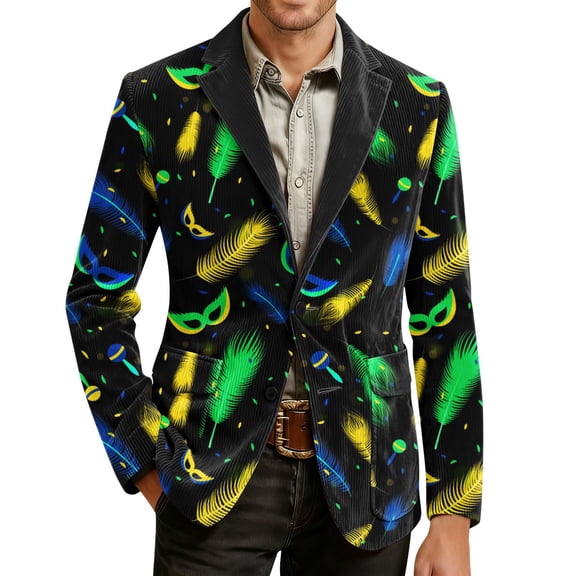 Men's Corduroy Blazer - Carnival Printed Warm Pocket Casual Suit Jacket, Black, L