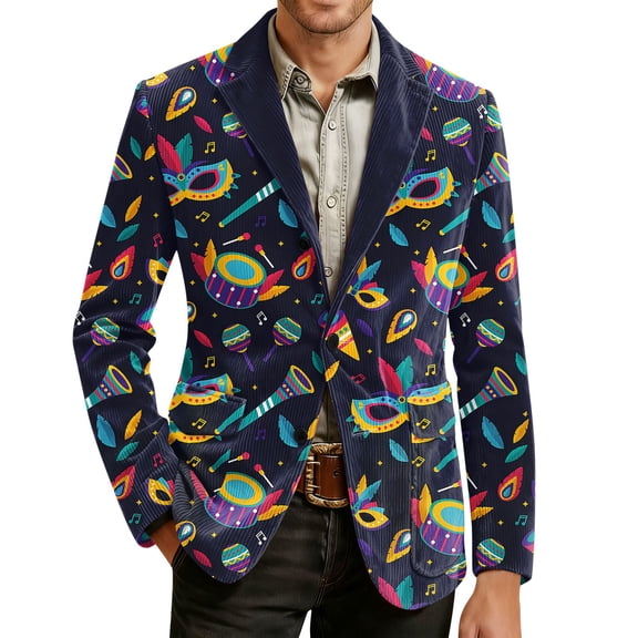 Men's Corduroy Blazer - Carnival Printed Warm Pocket Casual Suit Jacket, Dark Blue, L