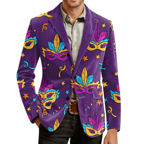 Men's Corduroy Blazer - Carnival Printed Warm Pocket Casual Suit Jacket, Dark Purple, XXL